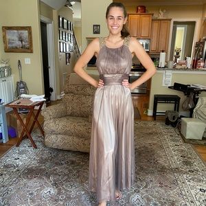 CATCHET Pewter Beaded Neckline Evening Gown